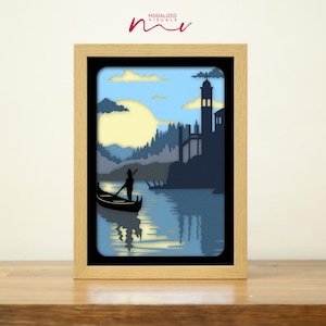 3D Landscape Paper Cut SVG Template, Fisherman Colored Card Stock SVG, River And Mountains Shadowbox Template.