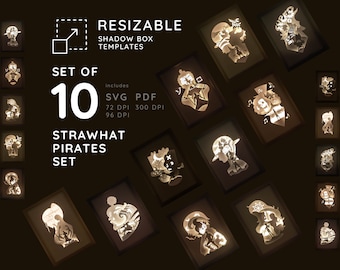 Straw Hats Set Of 10 Lightbox SVG Templates, Peace One Pirates Crew Paper Cut Set, Anime Shadowbox Templates