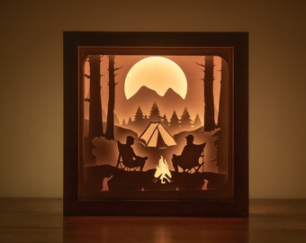 Camping Lightbox SVG Template: Bonfire Scene Papercut (Digital Download)