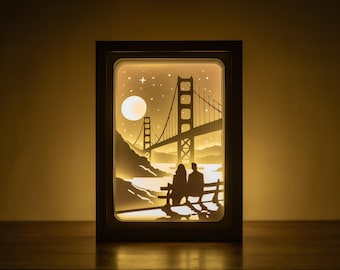 3D Couple Under Bridge Shadowbox Template: Romantic Cityscape SVG Lightbox(Digital Download)