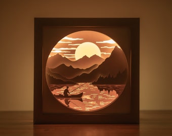 Plantilla de caja de luz de pescador 3D, plantilla de caja de sombras de vida marina, archivos SVG de corte de papel de pesca.