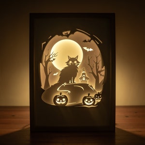 3D Black Cat Shadowbox Template: Halloween Papercut Lightbox (SVG, PDF)