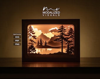 Plantilla SVG 3D para lightbox de río de montaña, plantilla para shadowbox de paisaje, plantilla SVG para recorte de papel de hermoso bosque.