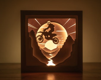 3D Motorcycle Shadowbox SVG, Rider Paper Cut SVG Files, Motorbike Lightbox Template