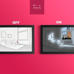 May include: Two framed images of a living room with a couch, coffee table, and a window. The image on the left is a black and white line drawing. The image on the right is a color image with a view of a city skyline through the window.