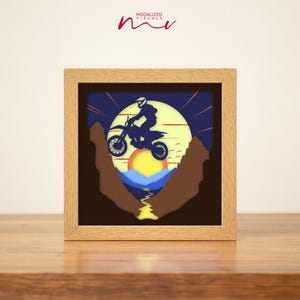 3D moto papier découpé SVG, fichiers SVG de stock carte couleur cavalier, modèle Shadowbox de moto.