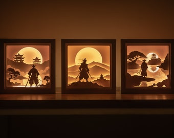 Conjunto de plantillas 3D para cajas de luz de samuráis: archivos SVG de guerreros recortados en papel, decoración para habitaciones de regalo.