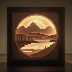 3D Mountains Paper Cut Lightbox Template, Shadow Box SVG, Light Painting.