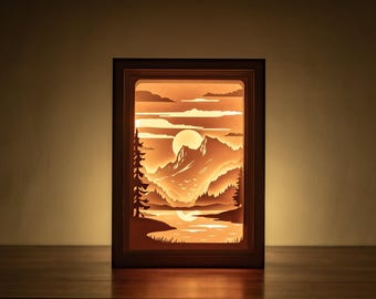 Plantilla SVG de montañas recortadas en papel 3D, plantilla de paisaje para lightbox, plantilla de bosque para shadowbox.