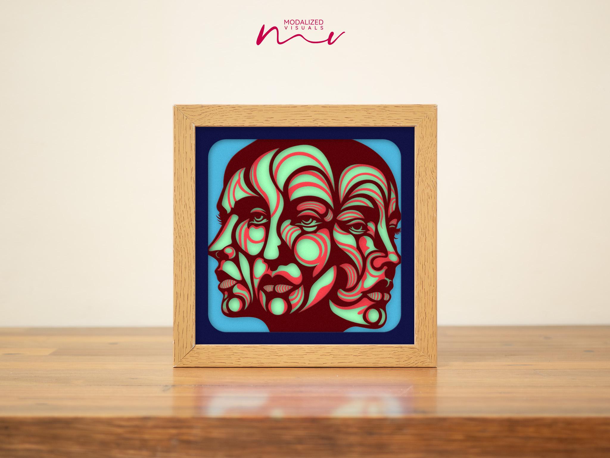 3D Woman Portrait Shadowbox Template,3 Faces In One Colored Card Stock, Beautiful Portrait Paper Cut SVG Files.