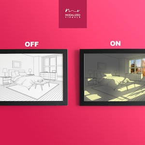 May include: Two framed illustrations of a bedroom, one with the lights off and the other with the lights on. The illustration with the lights on shows sunlight streaming through the window.