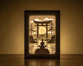 3D Meditation Schattenbox Vorlage, entspannender Moment Lightbox SVG, Tempel Sonnenaufgang Papierschnitt SVT Vorlage.