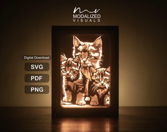 Plantilla de caja de sombras de gatos en 3D: Gatitos en caja de luz con recorte de papel (descarga digital)