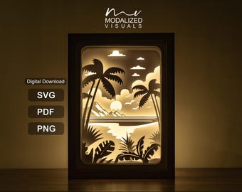 Caja de luz 3D con paisaje costero en formato SVG / Caja de luz con paisaje de playa recortada en papel / Descarga digital