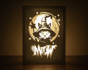 Modello SVG per lightbox "Meow Wizard Cat": scatola a effetto Halloween (download digitale)