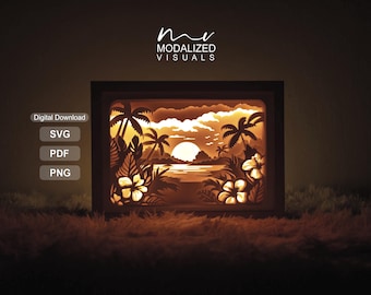 Plantilla SVG de lightbox de paisaje 3D, Shadowbox costero (descarga digital).