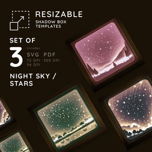 Puede incluir: Conjunto de 3 plantillas de caja de sombra imprimibles que presentan un cielo nocturno con estrellas. Las plantillas están disponibles en formatos SVG y PDF, con resoluciones de 72 DPI, 96 DPI y 300 DPI.