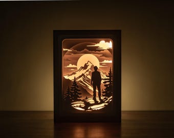 3D Hiking Shadowbox SVG Template, Trekking Lightbox SVG Files, Hiker Paper Cut Room Decor.