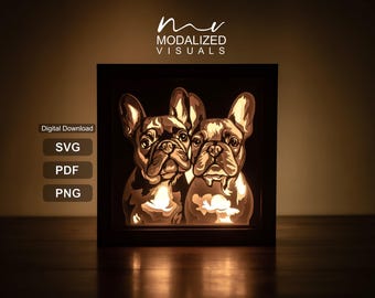 Caja de luz SVG con diseño de bulldog francés, caja de luz 3D recortada en papel (descarga digital)