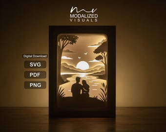 Mall för par-lightbox: Pappersklippt skuggbox SVG (digital nedladdning)