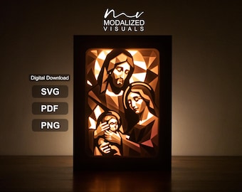 Belén 3D con luz / Caja de sombras de papel recortado / Arte mural navideño (descarga digital)