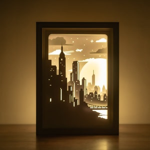 Sjabloon 3D-skyscraper lightbox, Cityscape Shadowbox SVG-bestanden, City Lights Paper Cut SVG-sjabloon.