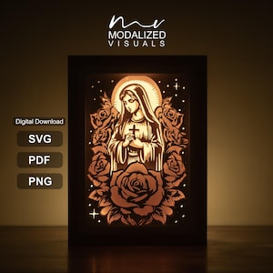 May include: A rectangular light box featuring a backlit silhouette of a woman with a veil holding a cross, surrounded by detailed roses and stars. The text reads MODALIZED VISUALS, Digital Download, SVG, PDF, and PNG. The frame is black.