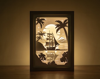 Sjabloon 3D Ship Shadowbox Art: nautisch papier gesneden lightbox (svg, pdf).