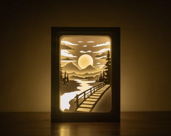 3D Mountains Paper Cut SVG, Riverscape Lightbox Template, Forest Shadowbox Template.