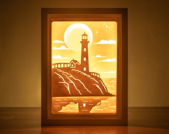 Plantilla SVG de Lightbox de faro: Archivos DIY de Papercut en capas
