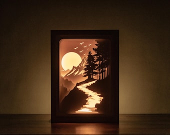 Berg Fluss Lightbox SVG Vorlage, Wald Schattenbox (Digitaler Download)