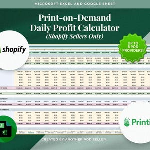 May include: A green and white spreadsheet with the title "Print-on-Demand Daily Profit Calculator (Shopify Sellers Only)". The spreadsheet includes columns for date, revenue, cost of goods sold, operating expenses, and profit. The spreadsheet is designed for Shopify sellers who use print-on-demand services.