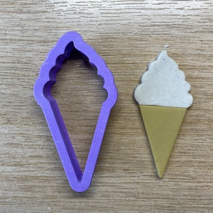 Puede incluir: Un cortador de galletas de plástico morado con forma de cono de helado junto a un cono de helado terminado. El cono de helado tiene una parte superior de helado de color beige claro y un cono dorado. El cortador de galletas es un contorno simple de la forma del cono de helado.
