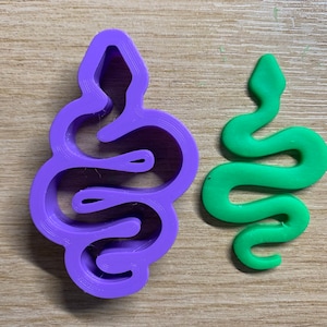 May include: A purple plastic snake-shaped cookie cutter next to a green snake made of clay. The cookie cutter is a solid outline of a snake, while the clay snake is a three-dimensional model.
