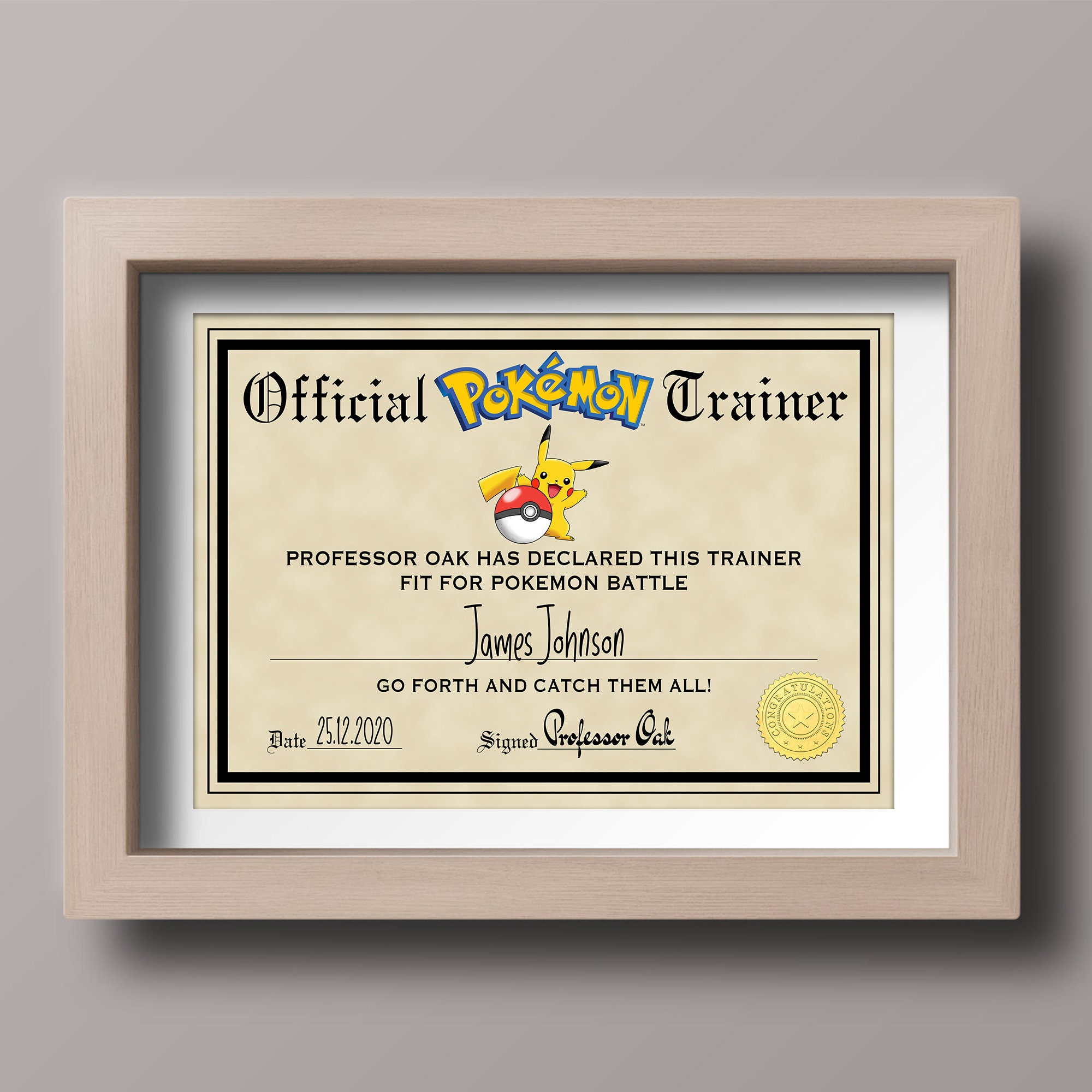 Personalised Pokemon Official Trainer Certificate | Etsy