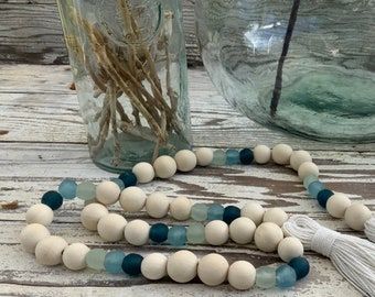 Ombre Sea Glass Garland | Coastal Living | Coastal Decor | BOHO Decor | Rustic Decor | Aqua Recycled Glass Garland | Farmhouse Decor