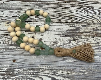 Aqua and Green Sea Glass Garland, Coastal Living, Blessing Beads, BOHO Garland, Rustic Decor, Coastal Decor, Farmhouse Decor