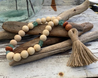 Looped Birch Bead Garland | Aqua Blue Sea Glass Beads | Coastal Living | BOHO Decor | Farmhouse Garland | Coastal Decor