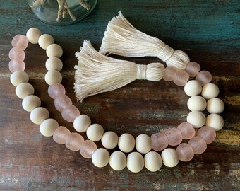 Blush Pink Sea Glass Beaded Garland, Coastal Decor, Farmhouse Decor, Bohemian Garland, Recycled Sea Glass, Coastal Living, Homeowner Gift