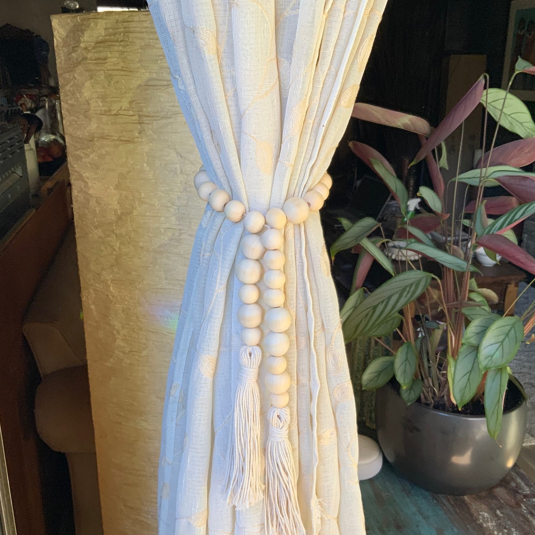 Wood Beaded Curtain Tie Backs Cotton or Jute Tassel BOHO Tie Back Home