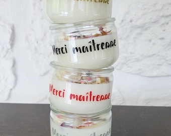 Cadeau maîtresse, nounou, atsem. Bougie fleurie naturelle personnalisée, fleurs séchées multicolores. Pot upcyclé. Merci, bonnes vacances.