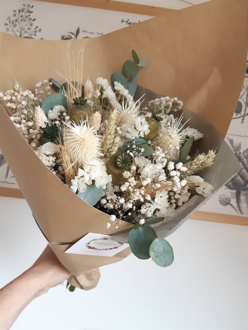 Alba Le Bouquet de Fleurs Séchées Champêtre et Intemporel, Blanc Vert. Gypsophile, Eucalyptus. Naiss