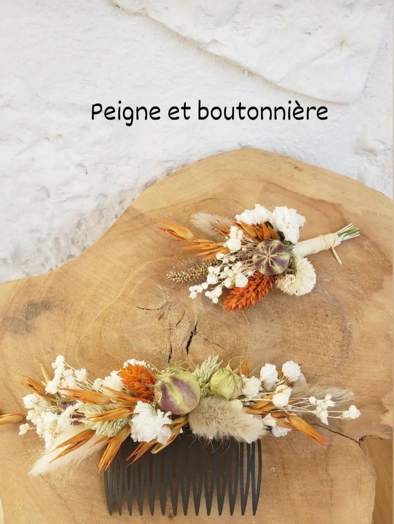 Coiffure, peigne mariée fleurs séchées. Mariage. Accessoire fleuri. Demoiselles et fillettes d'honneur, boutonnière. Cortège temoin. bohème image 7