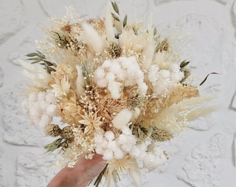 Bouquet de mariée ALBA en fleurs séchées blanc beige. Mariage, demoiselle d'honneur. Naturel, bohème, classique, chic. Fete des mères. Maman