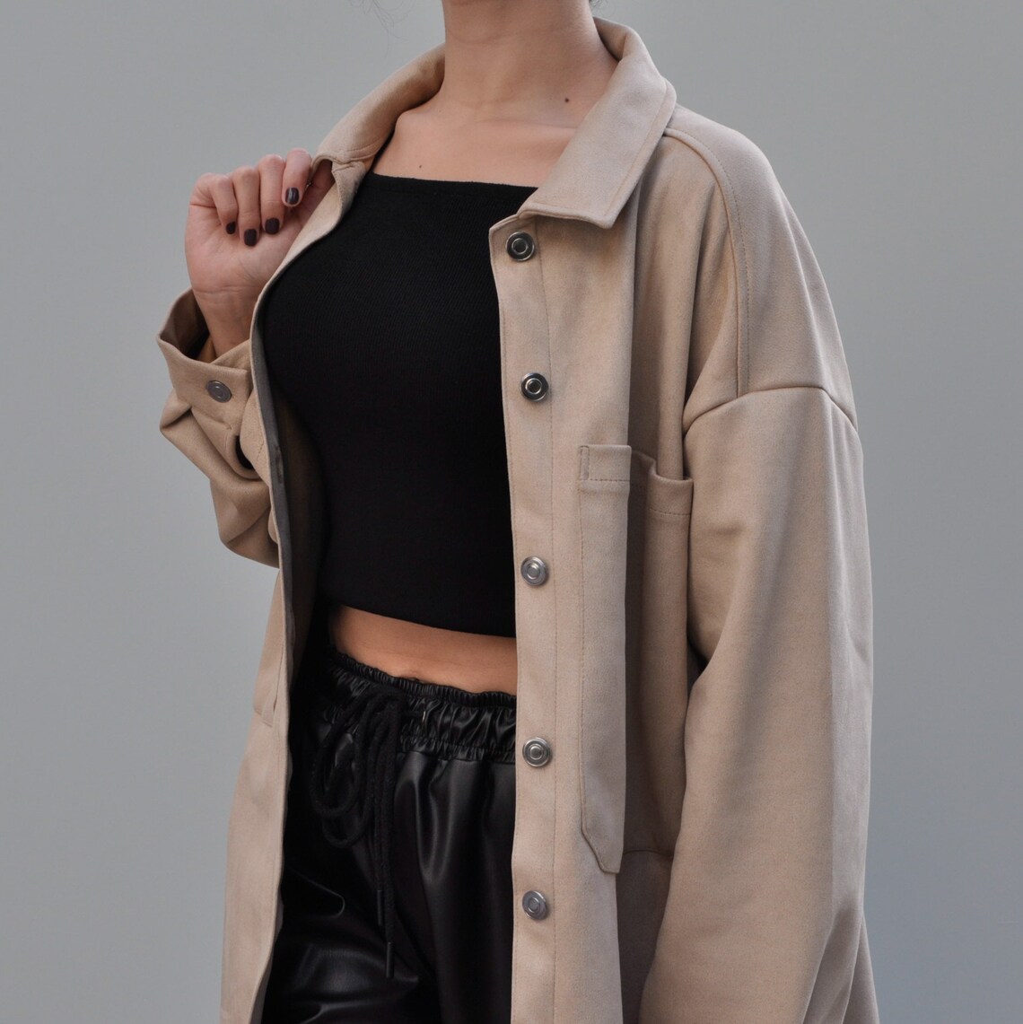 beige oversized shirt jacket