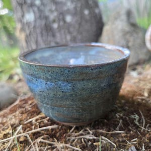 May include: A handcrafted ceramic bowl with a textured, blue-green glaze. The bowl has a rounded shape and a dark brown rim. The bowl is resting on dried leaves and grass, with a blurred natural background.