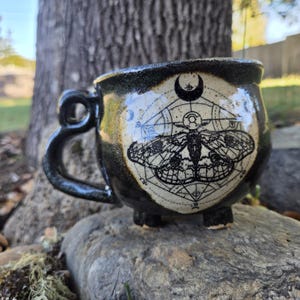 Shimmering Alchemy Cauldron Mug - Handmade Stoneware Ceramic Cup with Moth and Shimmering Glaze
