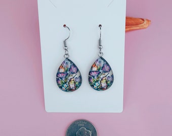 BIRD FLOWER PRINT Earrings, Handmade Glass Earring, Animal Earrings, Water Drop Earrings, Stainless Steel Handmade Earrings, Violet Purple