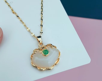 18k Gold-Plated Gem Lock Pendant | Titanium Steel & Resin Necklace |18 inch Necklace Length