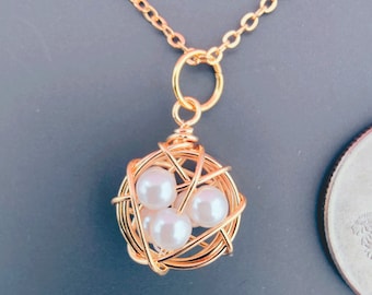 Tiny Treasure Necklace – Gold Bird Nest with Pearl Eggs, Gift for Mom